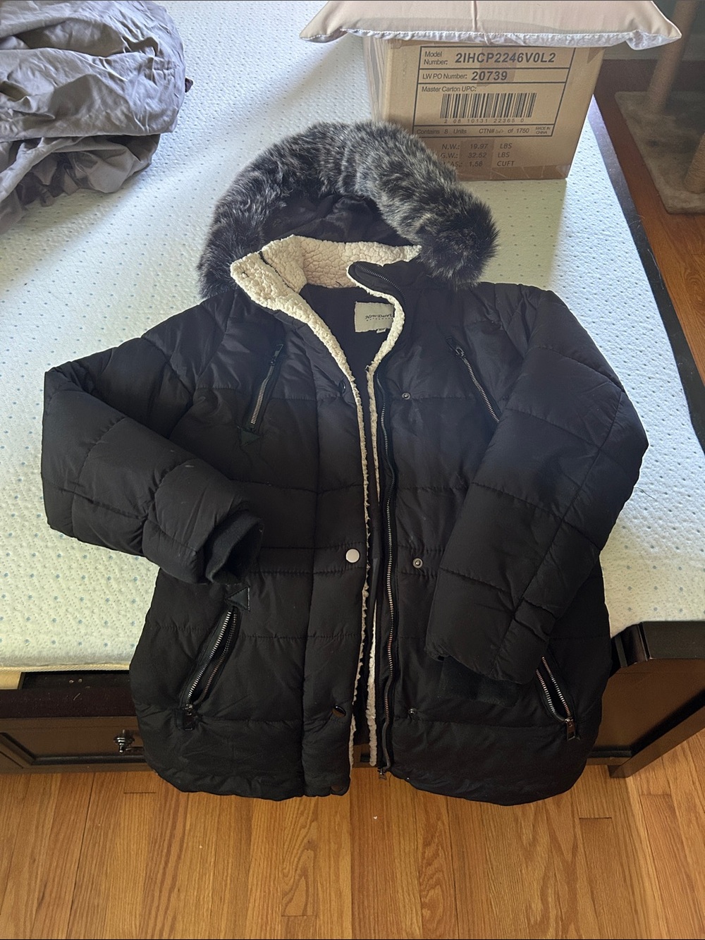 Black Sherpa-Lined Puffer Jacket with Faux-Fur Hood